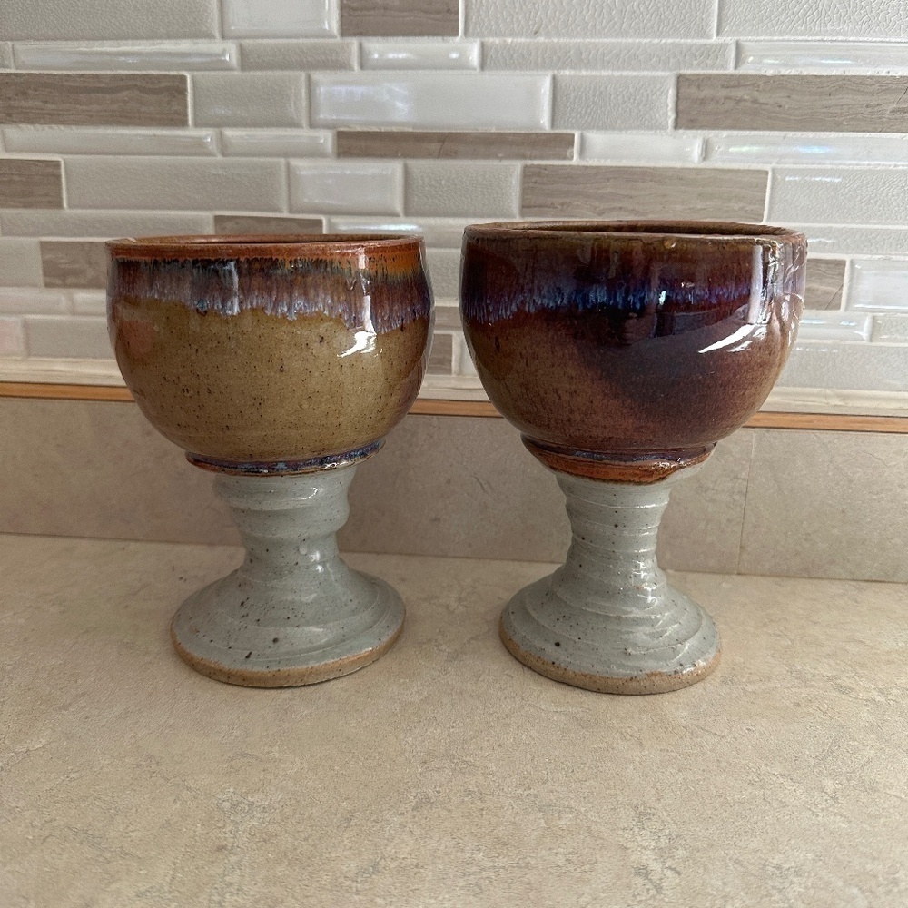 Rhead Set of 2 Ceramic Pottery Wine Goblet Glasses